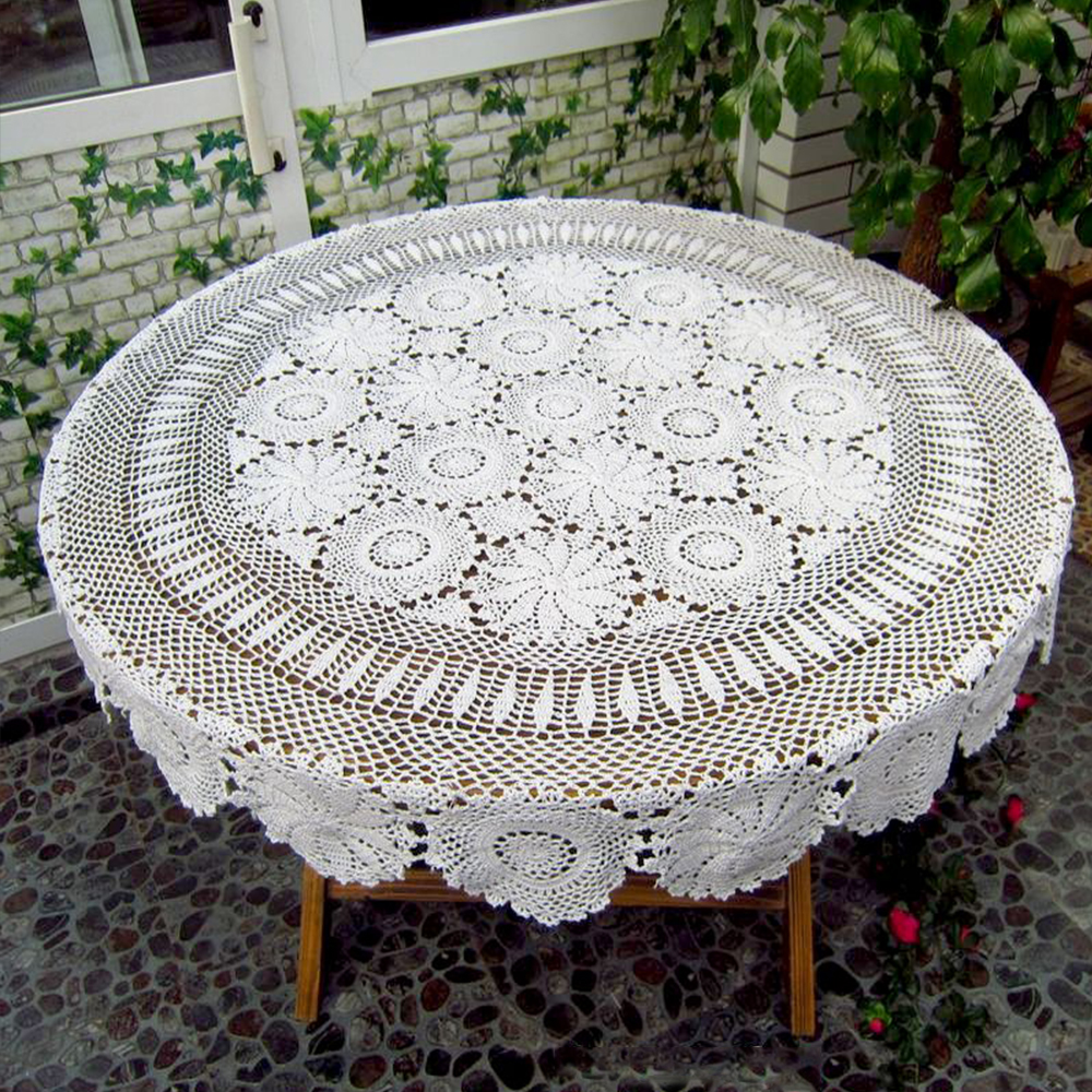 White Vintage Lace Tablecloth Round Hand Crochet Table Cloth Wedding